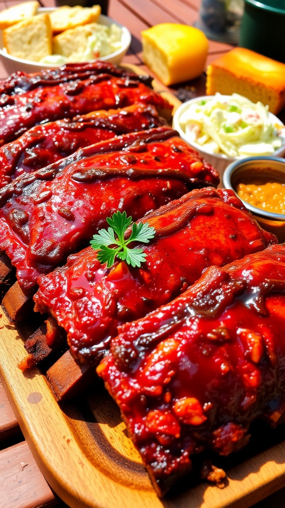 Delicious barbecue ribs glazed in sauce on a wooden platter with coleslaw and cornbread.